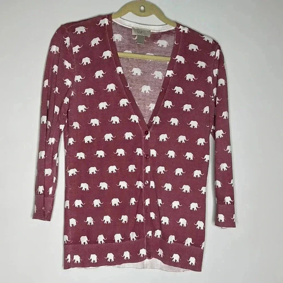 LOFT Outlet Sweater Womens Long Sleeve Button up Elephant Cardigan Red - Picture 1 of 8